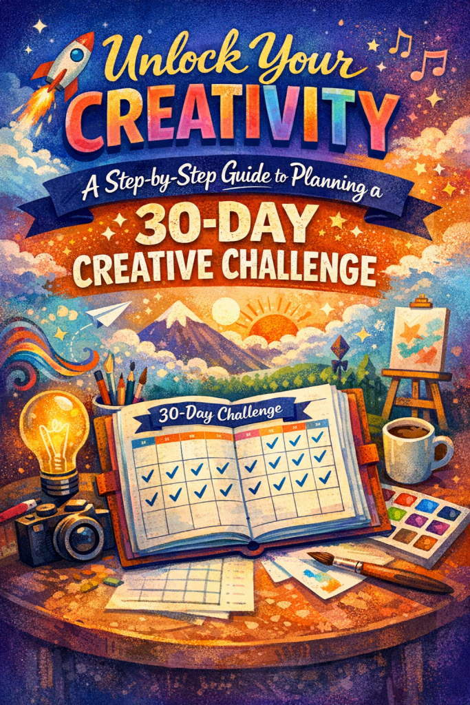 A colorful illustrated header image for a blog post titled “Unlock Your Creativity: A Step-by-Step Guide to Planning a 30-Day Creative Challenge.” The scene centers on an open planner labeled “30-Day Challenge,” filled with a calendar grid and checkmarks. Surrounding it are creative tools including a camera, paintbrushes, colored pencils, a watercolor palette, and a steaming mug. In the background, playful icons like a rocket, musical notes, stars, and a rising sun symbolize inspiration and momentum. The overall style is vibrant, inviting, and energetic, reflecting the excitement of starting a month-long creative challenge.