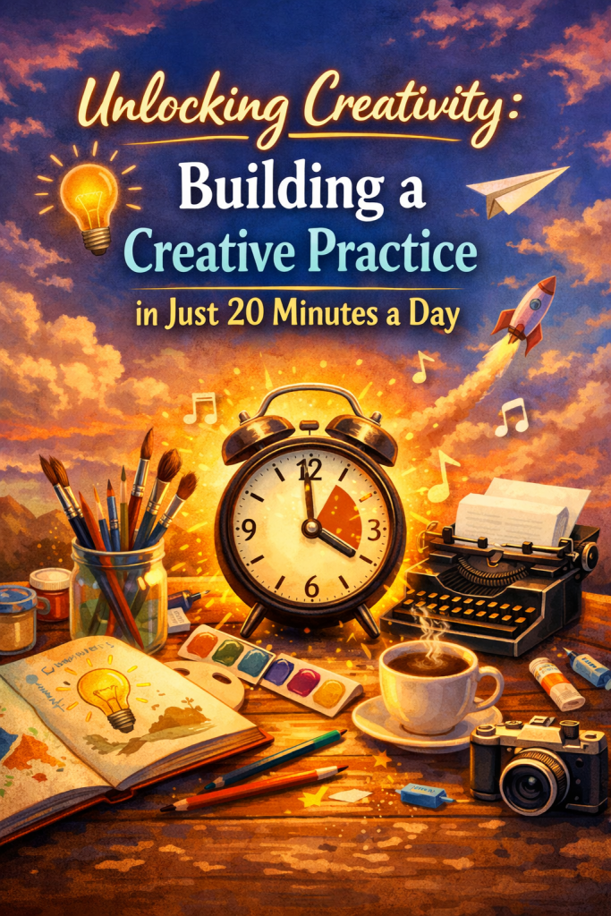 A vibrant illustration showing a cozy creative workspace lit by soft morning light. At the center, a glowing timer set to 20 minutes symbolizes a short, sustainable daily practice. Surrounding it are creative tools—an open sketchbook with doodles, a pen, paintbrushes in a jar, a laptop with a blank document, and a steaming cup of coffee. Floating icons like musical notes, stars, and lightbulb sparks represent inspiration and playful creativity. The background blends warm oranges and calming blues, evoking a sense of ease, momentum, and possibility.