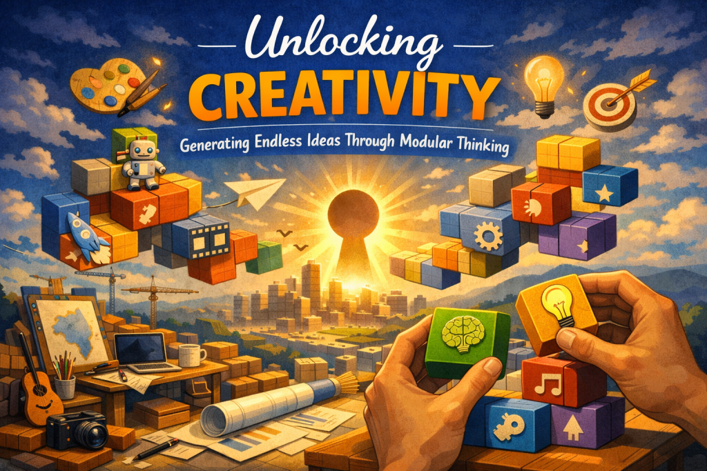 A vibrant digital illustration promoting “Unlocking Creativity” with the subtitle “Generating Endless Ideas Through Modular Thinking.” In the foreground, two hands assemble colorful idea blocks: one holds a green cube with a brain icon, the other a yellow cube with a lightbulb. On the table are puzzle-like blocks featuring icons like a rocket, music note, mountain, and gear, along with a notebook, pen, coffee mug, and scattered papers. Floating above are interconnected 3D blocks with icons like a robot, paper airplane, film strip, compass, and glowing lightbulb. A radiant keyhole glows in the background, leading to floating islands connected by modular platforms. The color palette blends blues, yellows, oranges, and greens, symbolizing dynamic, modular creativity.