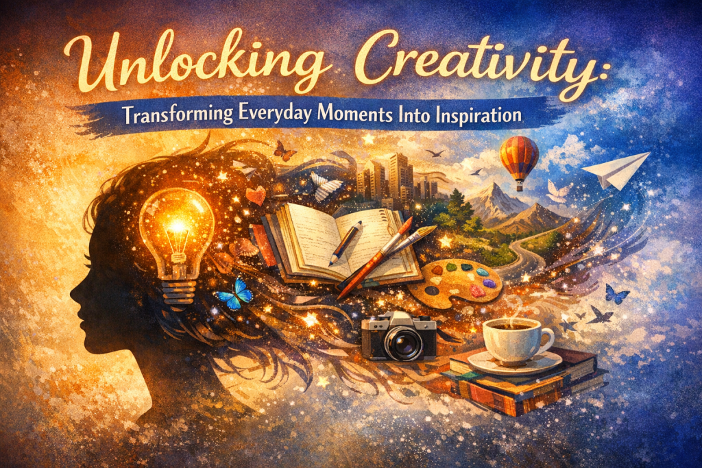 A vibrant illustrated scene shows a woman’s silhouette in profile, her hair transforming into flowing creative elements—city buildings, mountains, a sunrise, a hot‑air balloon, butterflies, music notes, a notebook, paintbrushes, a camera, and a steaming cup of coffee. A glowing light bulb shines inside her head, symbolizing inspiration. The title “Unlocking Creativity” appears in glowing script above, with the subtitle “Transforming Everyday Moments Into Inspiration” on a blue banner. The background shifts from warm golds to cool blues, with sparkles suggesting ideas coming to life.