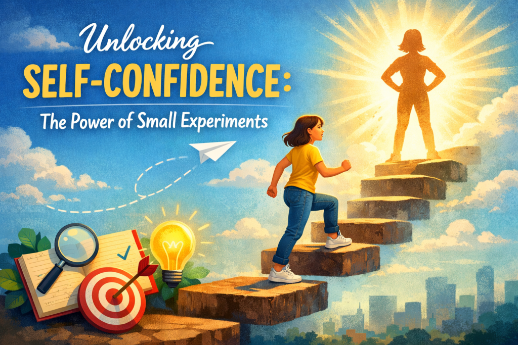 “Illustrated scene showing a young woman stepping up a series of rising stone platforms toward a glowing, confident silhouette of herself at the top. The background features a soft blue sky with clouds and a faint city skyline. On the left, small icons — a magnifying glass, notebook with a checkmark, dartboard with a bullseye, and a glowing lightbulb — represent tiny experiments and small wins. The title ‘Unlocking Self‑Confidence: The Power of Small Experiments’ appears prominently across the sky.”
