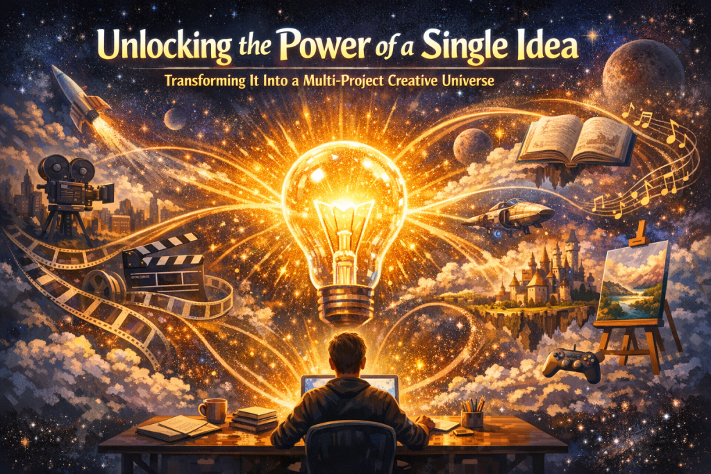 A cosmic‑themed digital illustration showing a creator sitting at a desk, gazing at a glowing lightbulb that radiates swirling paths of light. Each path branches into different creative worlds: a film reel and rocket on the left, and a floating book, castle, spaceship, music notes, and painting on the right. The background features stars, nebulae, and distant planets, symbolizing how a single idea can expand into a vast multi‑project creative universe.