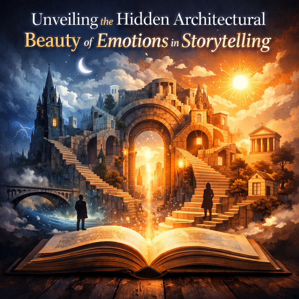 Illustrated scene showing an open book whose glowing pages transform into a surreal architectural landscape. On the left, cool-toned Gothic towers rise under a stormy sky; on the right, warm sunlight illuminates a classical temple. Bridges, staircases, and doorways connect the contrasting structures, symbolizing emotional arcs in storytelling. A bright central archway blends both worlds, representing the hidden architecture of emotion.