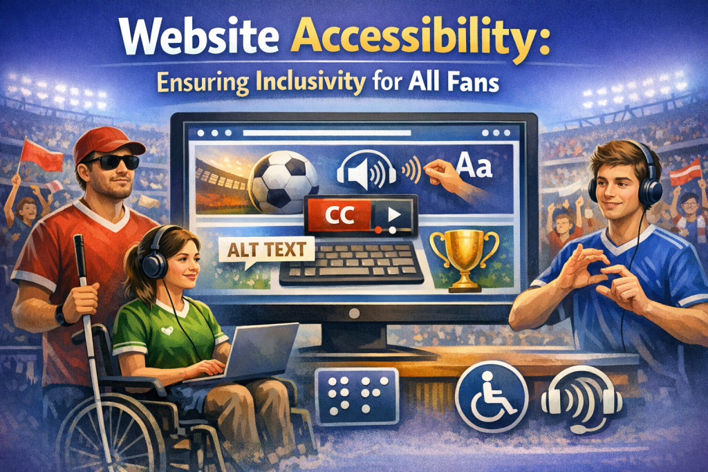Illustration showing diverse fans engaging with an accessible website: a visually impaired man with a cane, a woman in a wheelchair using a laptop, and a young man signing in ASL. At the center, a large computer screen displays accessibility features like captions, alt text, and clear navigation. Surrounding icons represent universal access, Braille, audio support, and inclusive design.