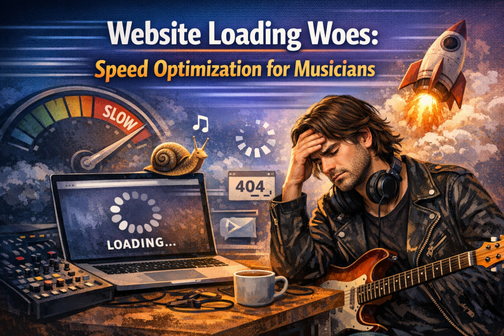 “A musician sits at a desk with a guitar and audio gear, holding his head in frustration while a laptop shows a ‘LOADING…’ screen. A snail crawls across the laptop, and a large speedometer in the background points to ‘SLOW.’ A rocket launches on the opposite side, symbolizing improved performance. The scene visually represents website loading problems and speed optimization for musicians.”