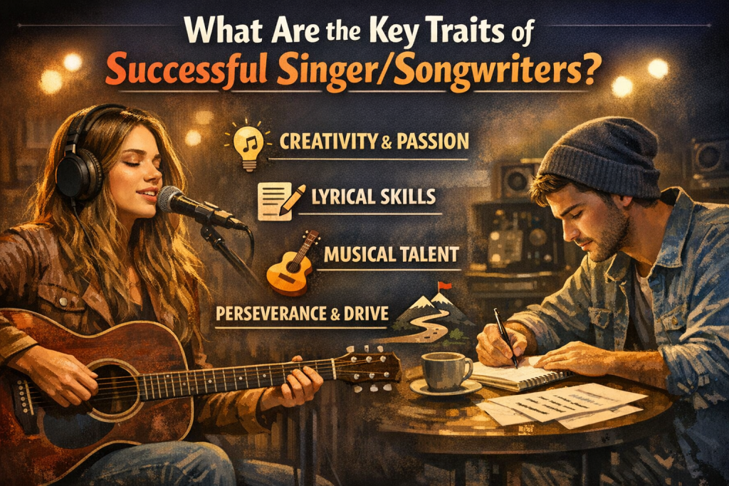 A warm, inviting blog graphic showing a female singer performing with an acoustic guitar in a softly lit studio while a male songwriter writes lyrics at a desk. Between them, four highlighted traits—creativity and passion, lyrical skills, musical talent, and perseverance—appear with simple icons. The image visually represents the core qualities of successful singer/songwriters.