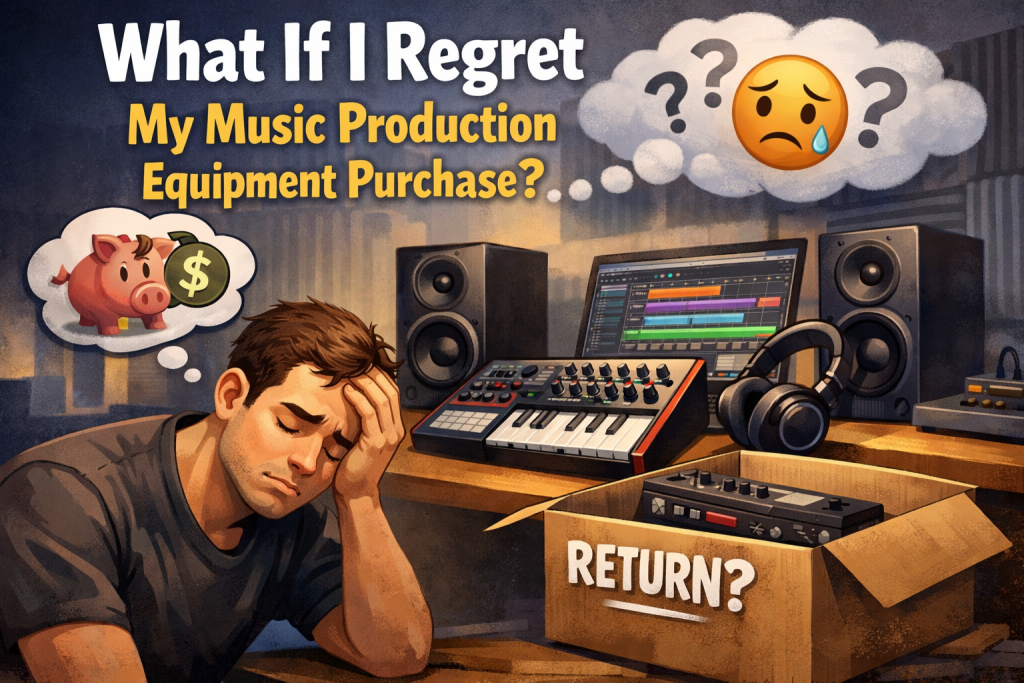 A worried young music producer sits at a studio desk with his head in his hand, looking regretful as he stares at his music production equipment. A laptop with a DAW session, a MIDI keyboard, studio monitors, and headphones sit in front of him. To the right, an open cardboard box labeled “RETURN?” contains a piece of audio gear. Above him, a thought bubble shows a cracked piggy bank and a dollar sign, symbolizing regret over the purchase. The blog title “What If I Regret My Music Production Equipment Purchase?” appears in bold white and yellow text at the top.