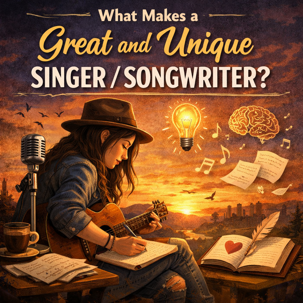 A warm, cinematic illustration of a young singer‑songwriter sitting outdoors at sunset, writing lyrics in a notebook while holding an acoustic guitar. A vintage microphone, scattered lyric pages, and glowing creative symbols float around her, representing inspiration, storytelling, and emotional honesty. The sky blends orange and purple tones, creating a reflective, creative atmosphere that highlights the theme: What Makes a Great and Unique Singer/Songwriter?