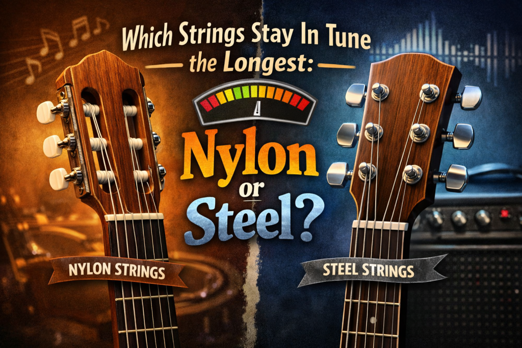 Split-screen image comparing nylon and steel guitar strings. Left side shows a classical guitar headstock with nylon strings against a warm background labeled “Nylon Strings.” Right side shows an acoustic guitar headstock with steel strings against a cool-toned background labeled “Steel Strings.” Center text reads “Which Strings Stay In Tune the Longest: Nylon or Steel?” with a tuning gauge above a divided question mark.