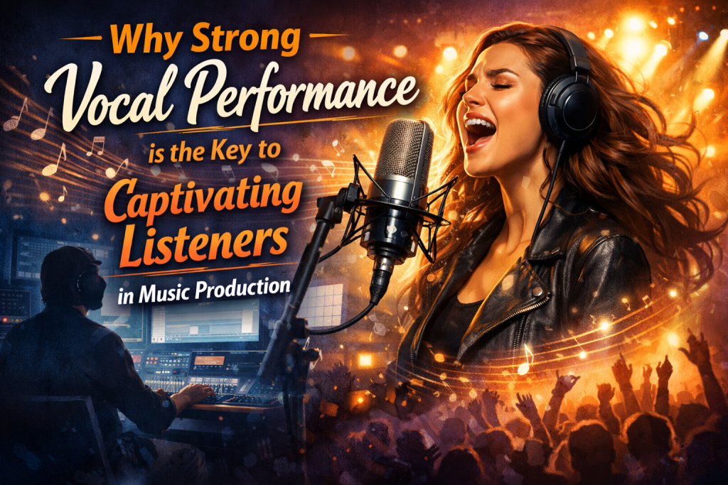 “Digital illustration of a female singer in a recording studio performing passionately into a professional microphone, wearing headphones and a black leather jacket. Musical notes and soundwaves flow from her voice toward a producer at a mixing console and a glowing concert crowd in the background. Bold title text reads: ‘Why Strong Vocal Performance is the Key to Captivating Listeners in Music Production.’ Vibrant lighting and warm–cool color contrast emphasize energy, emotion, and listener connection.”