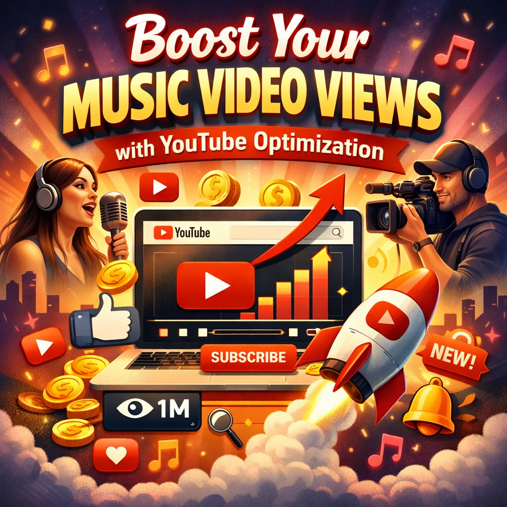 A vibrant digital illustration promoting “Boost Your Music Video Views with YouTube Optimization,” featuring a laptop displaying a YouTube video player, rising analytics graph, and engagement icons like likes, views, and a subscribe button. A singer at a microphone and a videographer with a camera frame the scene, while a rocket with a YouTube play button symbolizes rapid growth. Bright reds, yellows, and blues create an energetic, motivational atmosphere designed to inspire musicians to improve discoverability and audience reach.