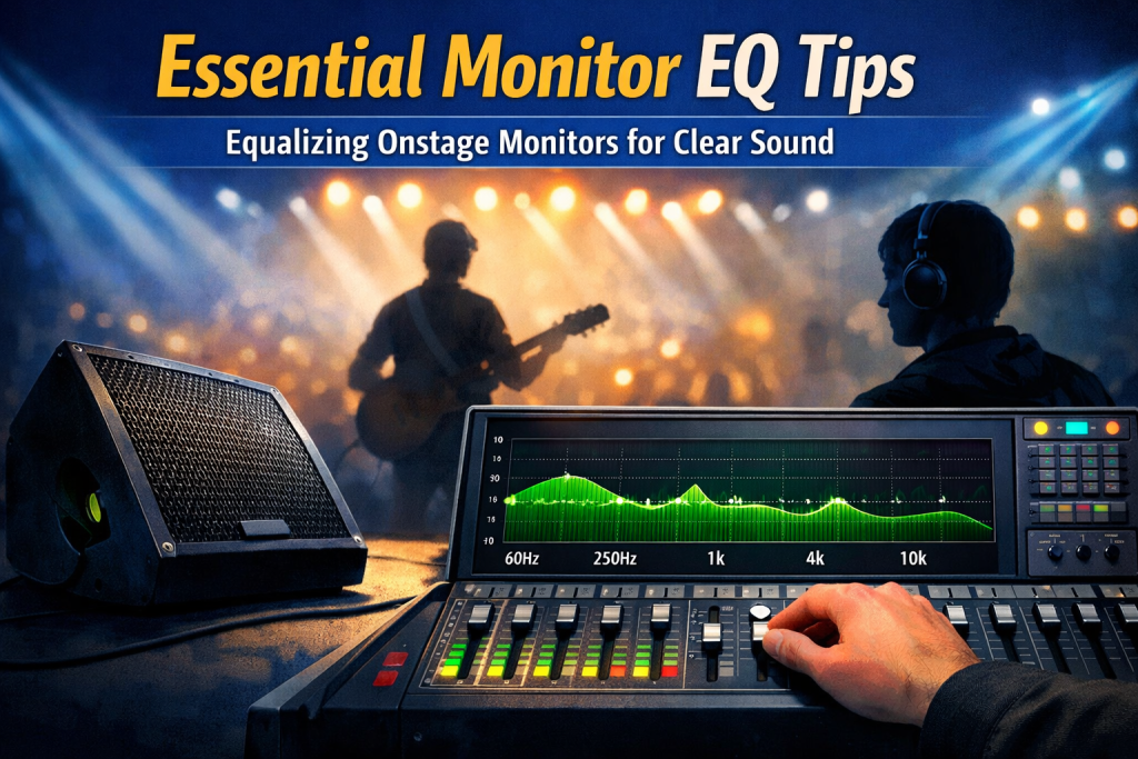A stage monitor sits on a lit concert stage while a sound engineer adjusts EQ sliders on a mixing console. A green frequency curve glows on the screen, and a blurred musician stands under blue and orange stage lights in the background, suggesting real‑world onstage monitor EQ in action.