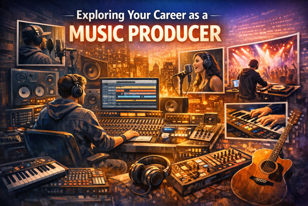 A vibrant composite image showing a young music producer working at a studio mixing console, surrounded by inset scenes of a rapper recording vocals, a singer performing into a microphone, a DJ playing a live show, and musicians using keyboards and guitars. The background blends a recording studio, a concert stage, and a glowing city skyline. Large glowing text reads “Exploring Your Career as a Music Producer.”