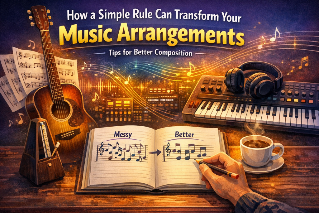“Colorful blog illustration showing a guitar, MIDI keyboard, headphones, and an open notebook with a simple ‘messy to better’ music‑arrangement diagram. Bright gradient background with floating musical notes and the title ‘How a Simple Rule Can Transform Your Music Arrangements: Tips for Better Composition.’ Ideal for beginner musicians learning clearer, more confident arrangement techniques.”