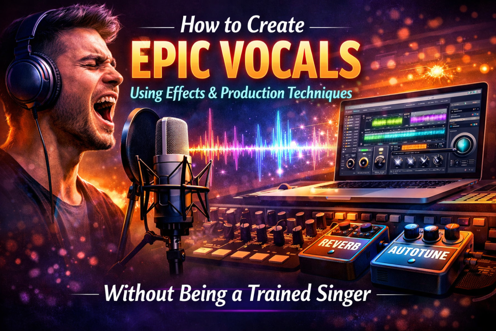 A young singer wearing studio headphones performs into a condenser microphone with a pop filter, while vibrant pink, purple, and blue waveforms flow from their voice toward a laptop displaying vocal‑effect plugins like EQ, reverb, delay, and tuning tools. Bright glowing text reads “Epic Vocals” above a split scene showing both the expressive performance and the digital production workspace. The overall mood is empowering, creative, and beginner‑friendly, emphasizing that anyone can craft exciting vocals using effects and simple production techniques.