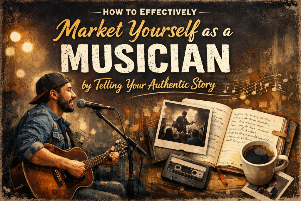 “Digital collage showing a young musician singing into a microphone while playing guitar, paired with notebook pages of handwritten lyrics, Polaroid photos, and vintage music items. The image visually represents authentic storytelling and personal narrative in a musician’s marketing journey.”