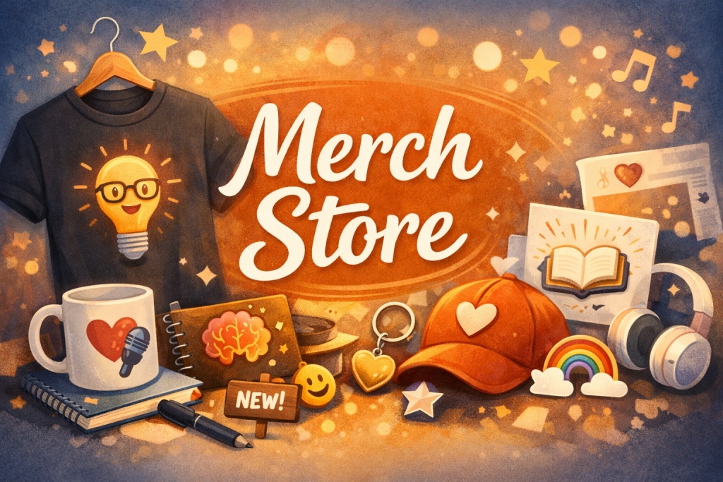A warm, inviting banner featuring the words “Merch Store” in bold hand‑lettered script, surrounded by creator‑themed merchandise including a graphic T‑shirt, mug, notebook, cap, enamel pins, stickers, and headphones. Soft bokeh lights, musical notes, and floating paper stars create an inspiring, creator‑friendly atmosphere.
